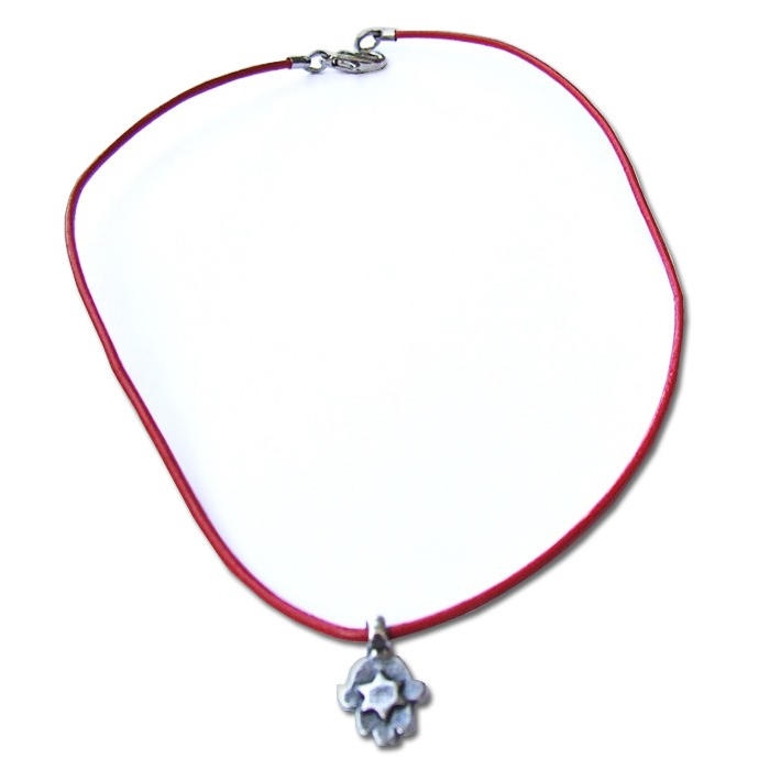   Children's Pink Leather Necklace - Star of David Hamsa - 1