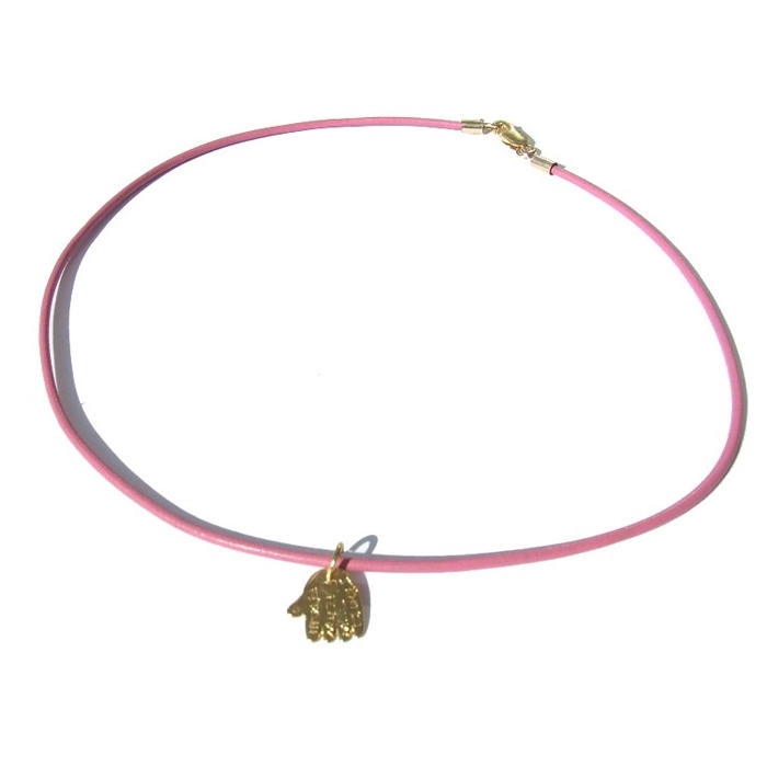  Children's Pink Leather and Gold Plated Necklace - Hamsa - 1