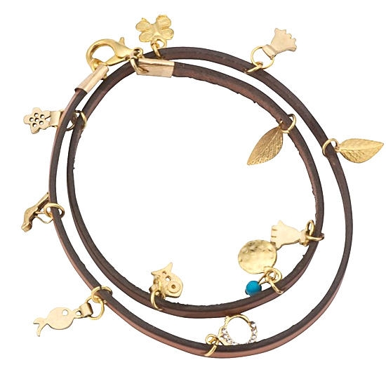  Gold Plated and Brown Leather Charm Bracelet - 1