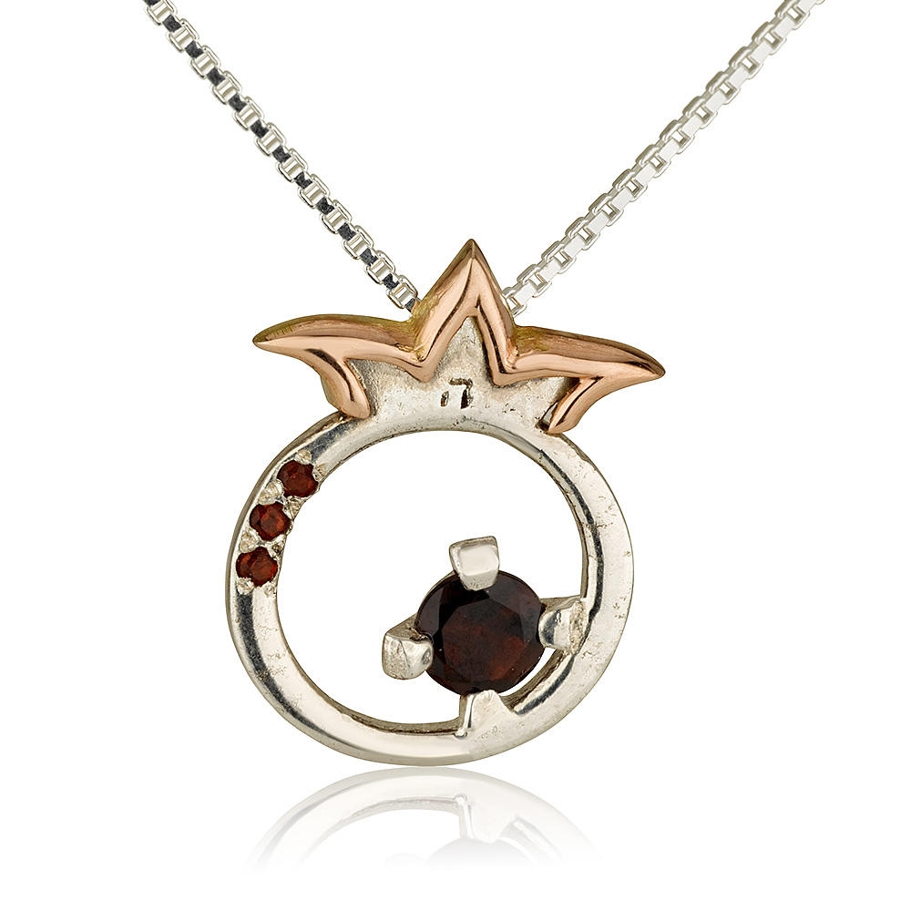 Sterling Silver Fertility Pomegranate with Gold Crown and Garnet Stones - 1