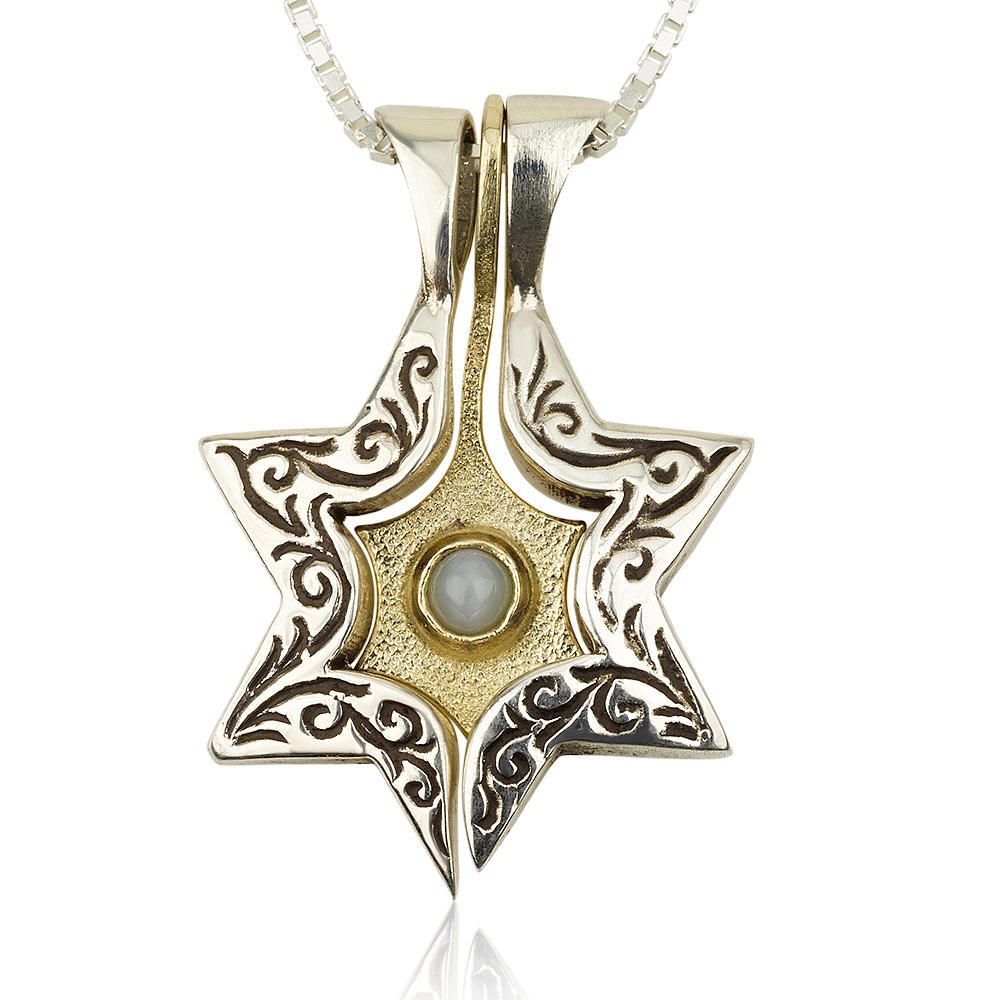 Silver and Gold Star of David and Jonathan Necklace with Gemstone - 1
