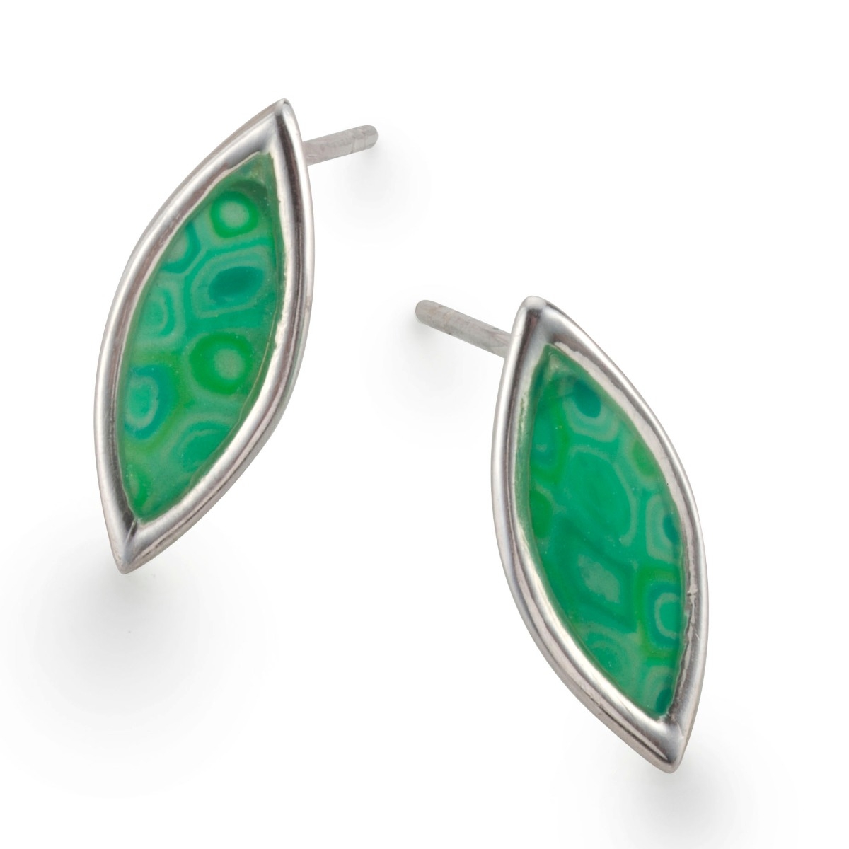 Adina Plastelina Silver Olive Leaf Stud Earrings – Translucent Jade - 1