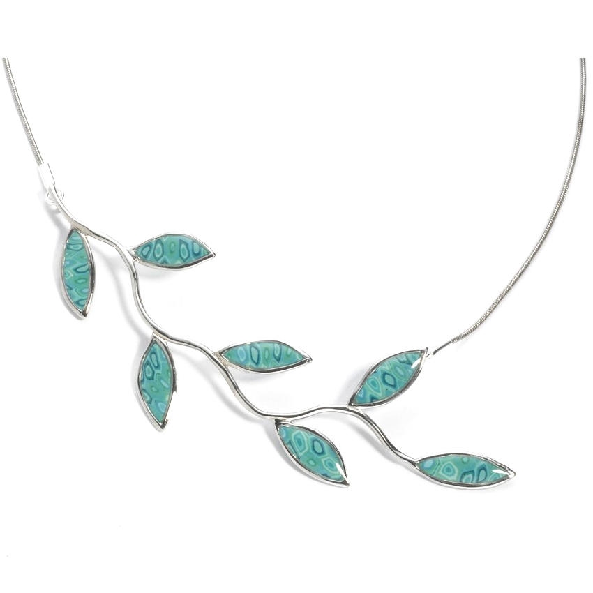 Adina Plastelina Olive Branch Silver Necklace - Turquoise - 1