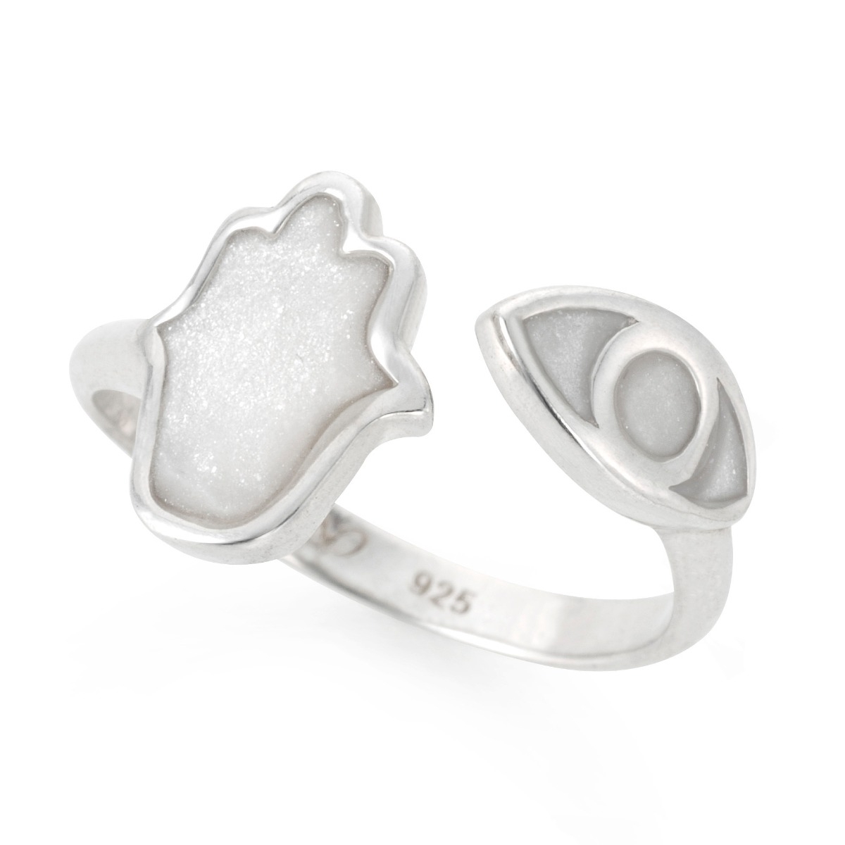 Adina Plastelina Silver Hamsa and Evil Eye Adjustable Ring – Mother of Pearl - 1