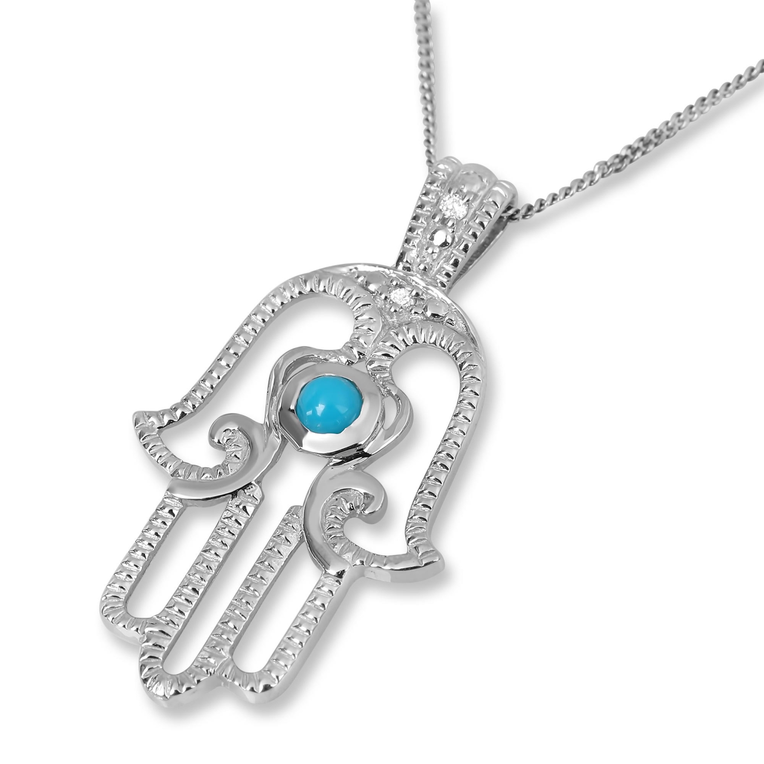 14K Gold Curved Hamsa Pendant with Diamonds and Turquoise Stone - 1