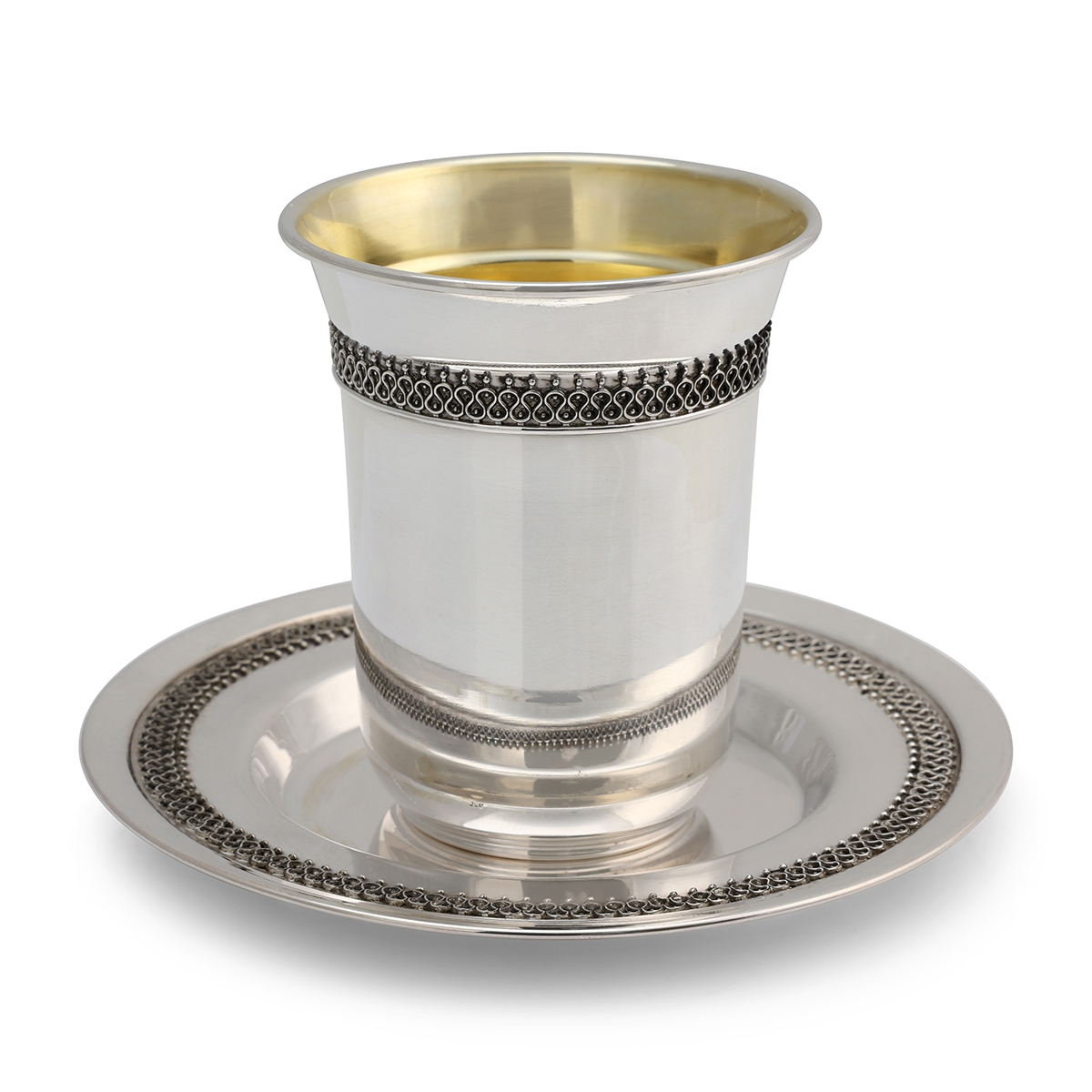 Handcrafted Sterling Silver Polished Kiddush Cup With Filigree Design By Traditional Yemenite Art - 1
