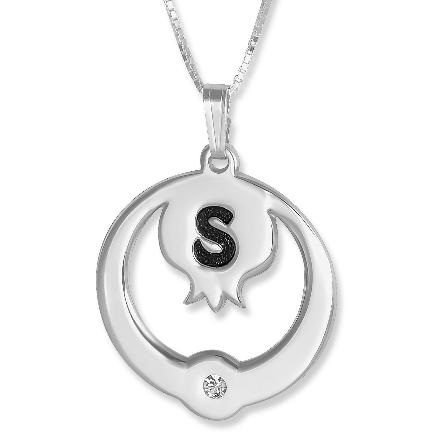 Sterling Silver Pomegranate Initial Necklace with Birthstone - 1