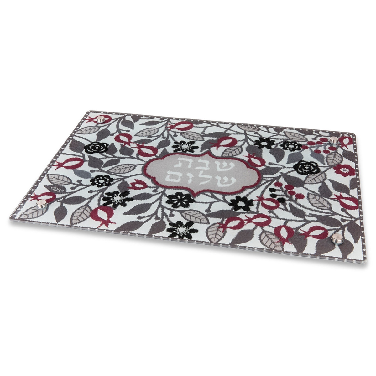 Designer Challah Board With Pomegranate Motif By Dorit Judaica (Red & White) - 1