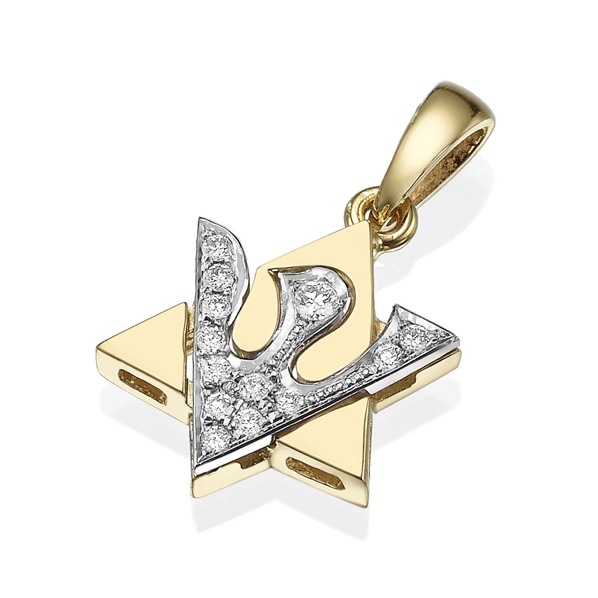 18K Gold Star of David and Dove of Peace Pendant With 13 Diamonds (Choice of Color) - 1