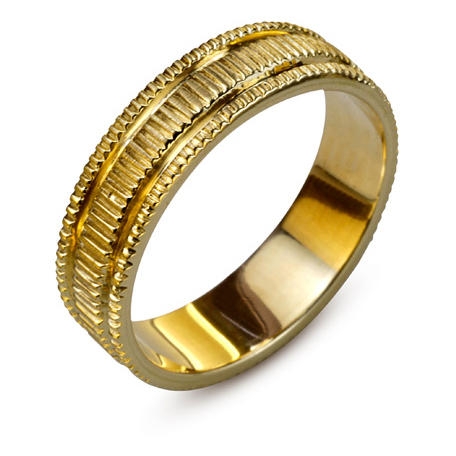 14K Yellow Gold Thin Textured Ring - Grooved Edges - 1