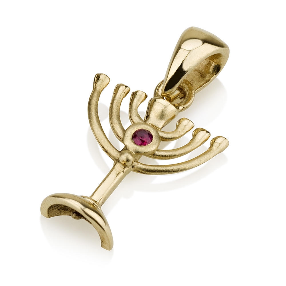 14K Yellow Gold Menorah Pendant with Central Ruby - 1