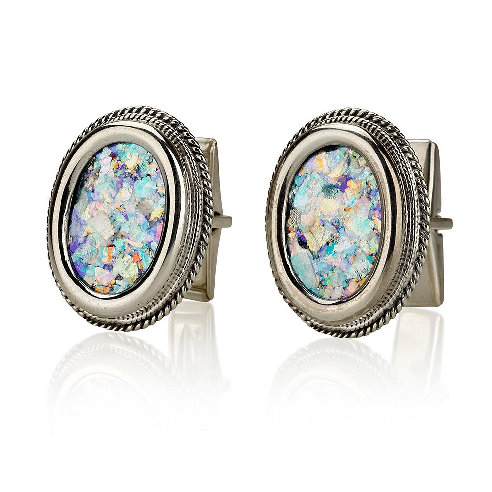 Sterling Silver and Roman Glass Oval Cufflinks - 1
