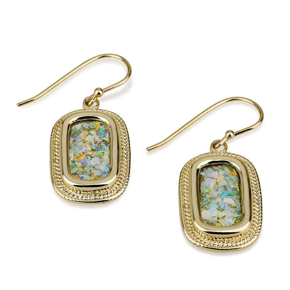 14K Gold Rectangle Roman Glass Earrings - 1