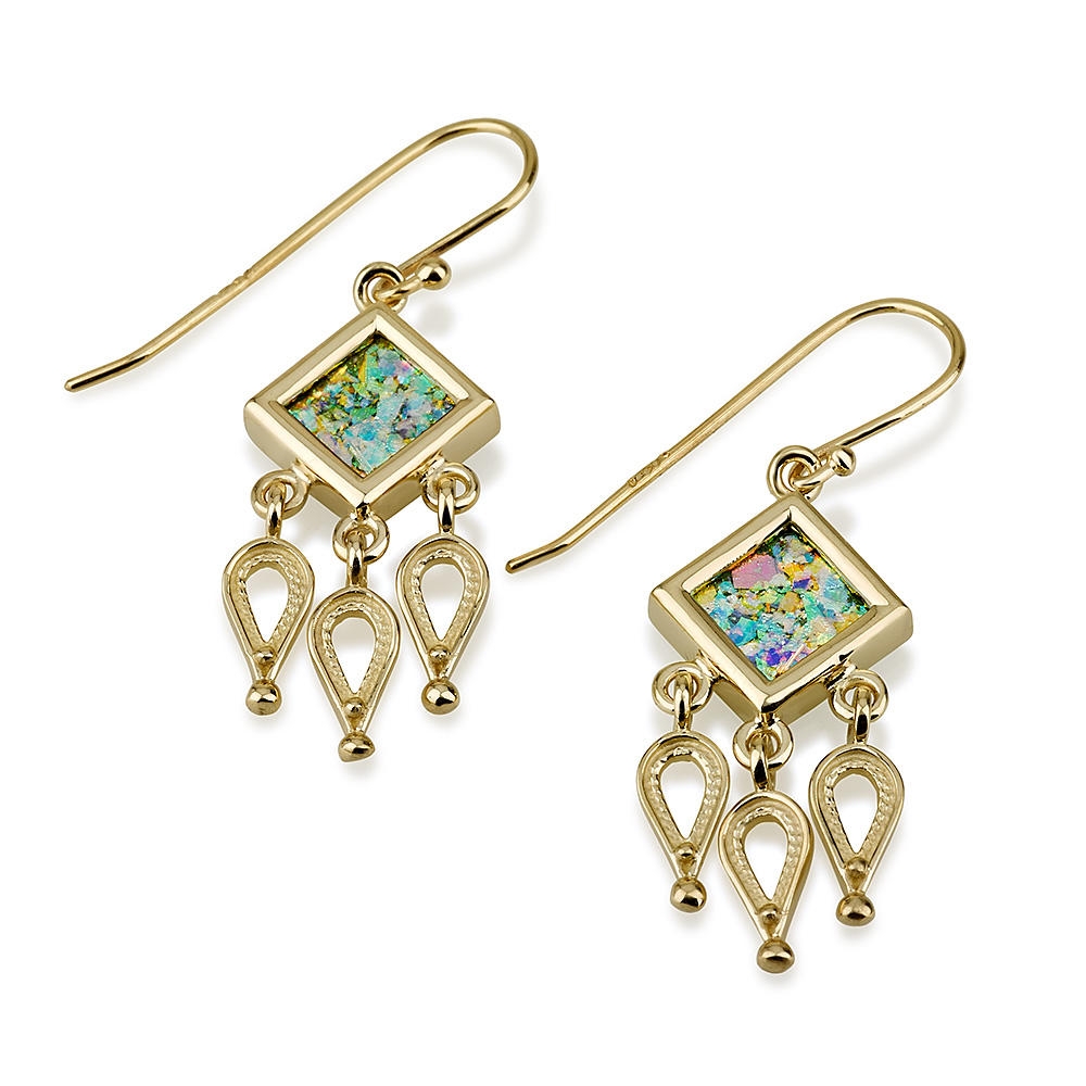 14K Gold Square Oriental Earrings with Roman Glass and Teardrops - 1