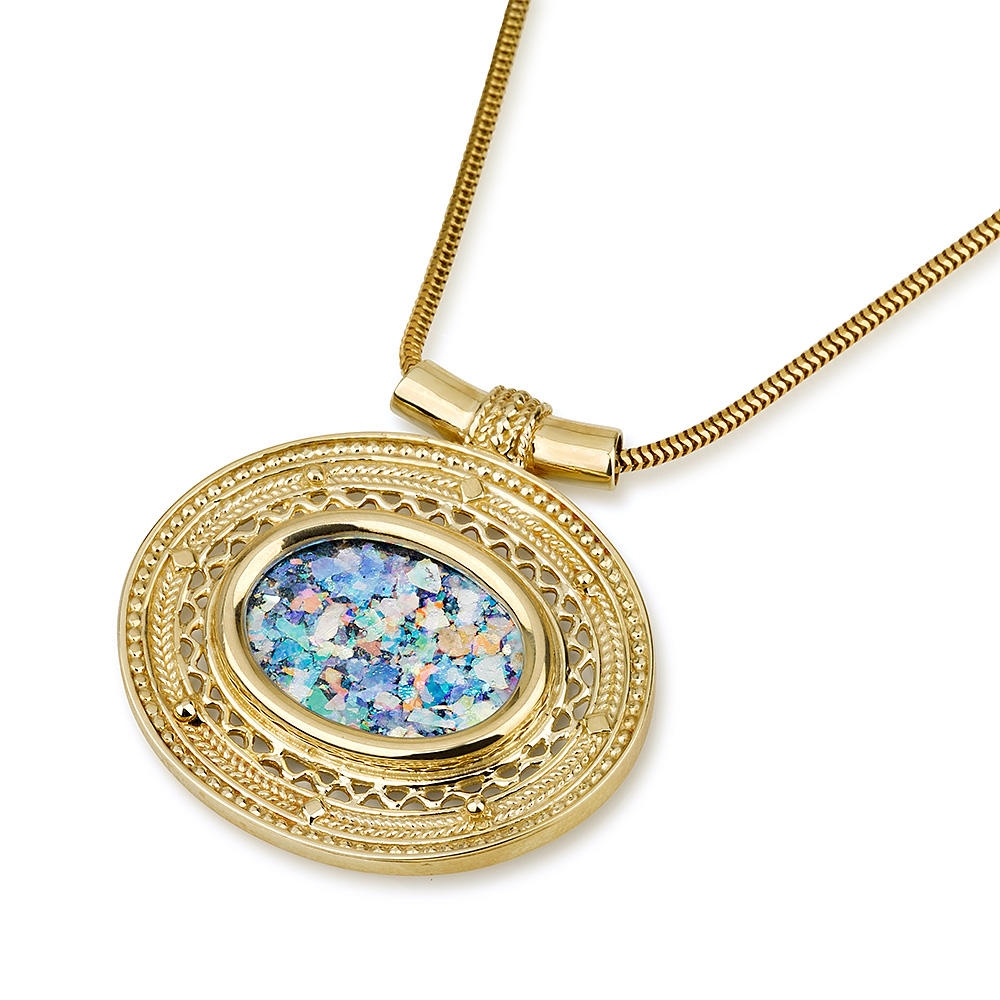 14K Gold Filigree Roman Glass Oval Necklace - 1