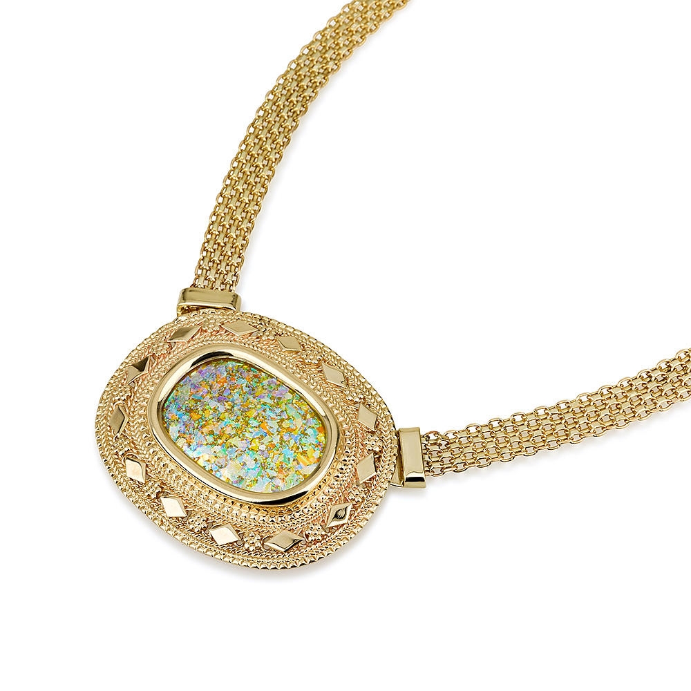 14K Gold and Roman Glass Oval Necklace with Wide Gold Chain - 1