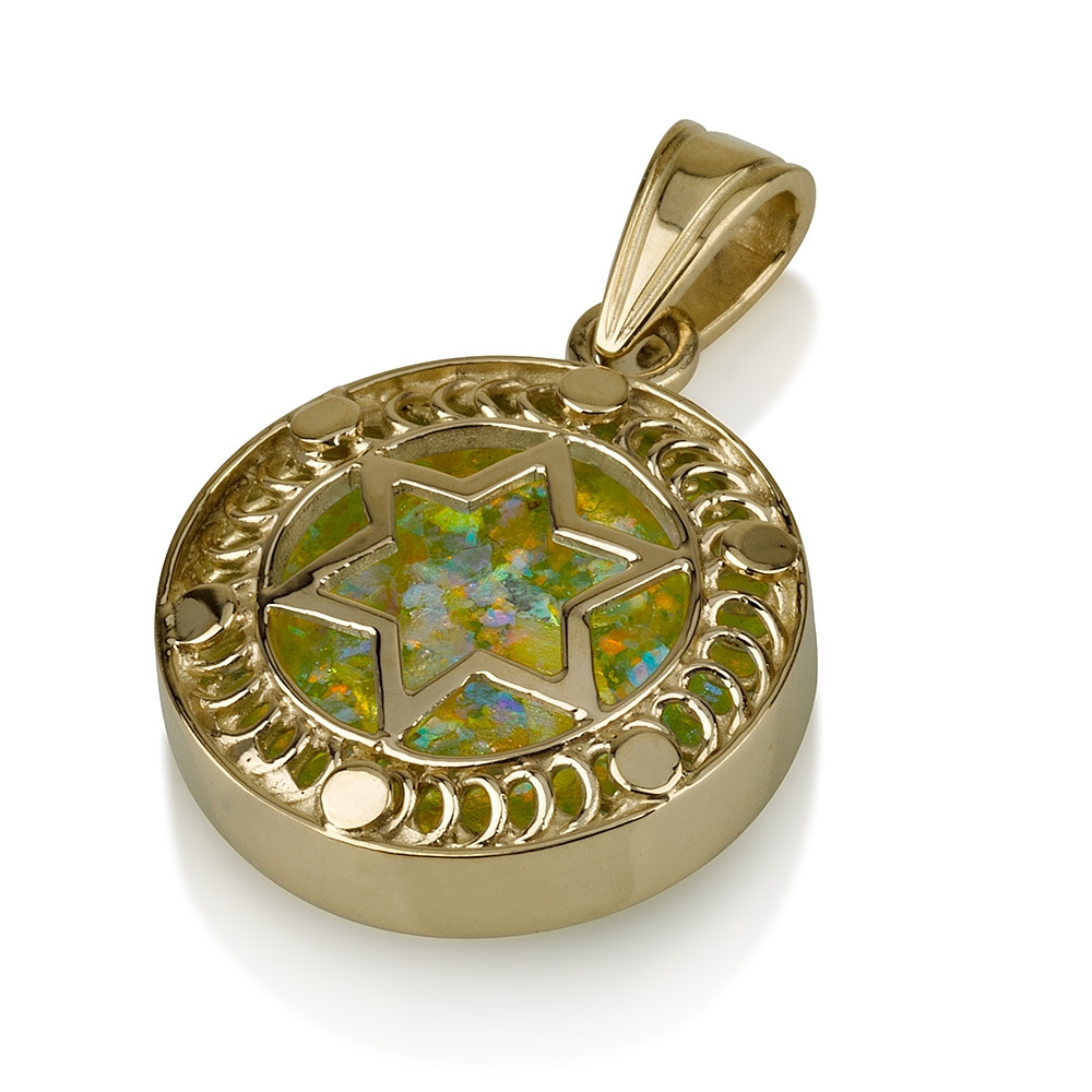 14K Gold and Roman Glass Star of David Circle Pendant - 1