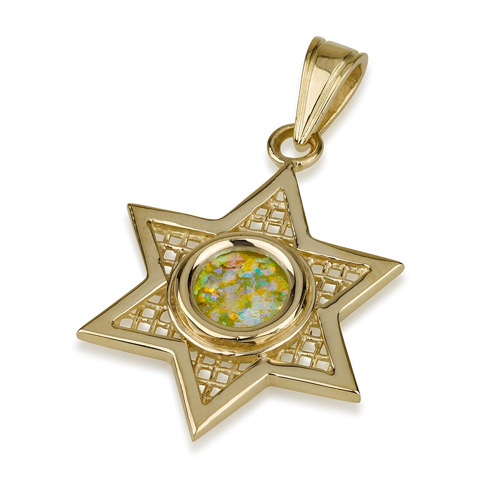 Delicate 14K Gold and Roman Glass Circle Star of David Pendant  - 1
