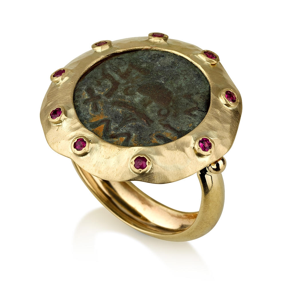 14K Gold Ring with Ancient Coin and Ruby Stones - 1