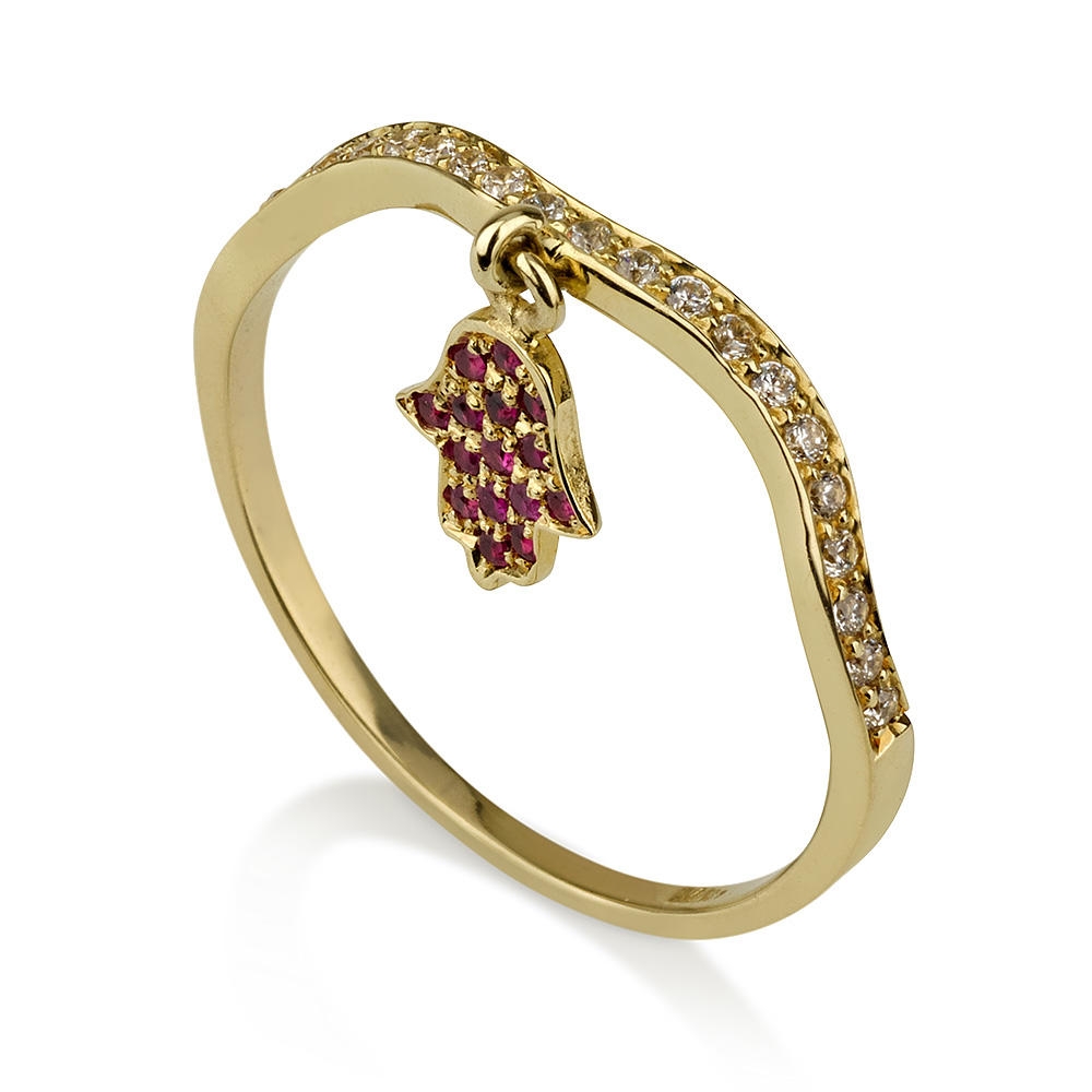 14K Yellow Gold and Diamond Ring with Hanging Ruby Hamsa - 1