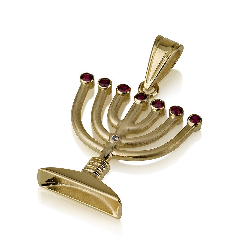 14K Yellow Gold Menorah Pendant with Ruby Candles - 1