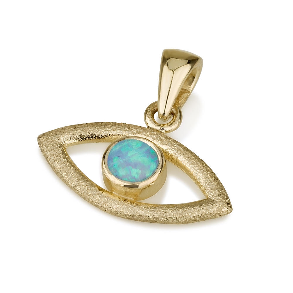 14K Gold Textured Evil Eye Pendant with Blue Opal Stone - 1