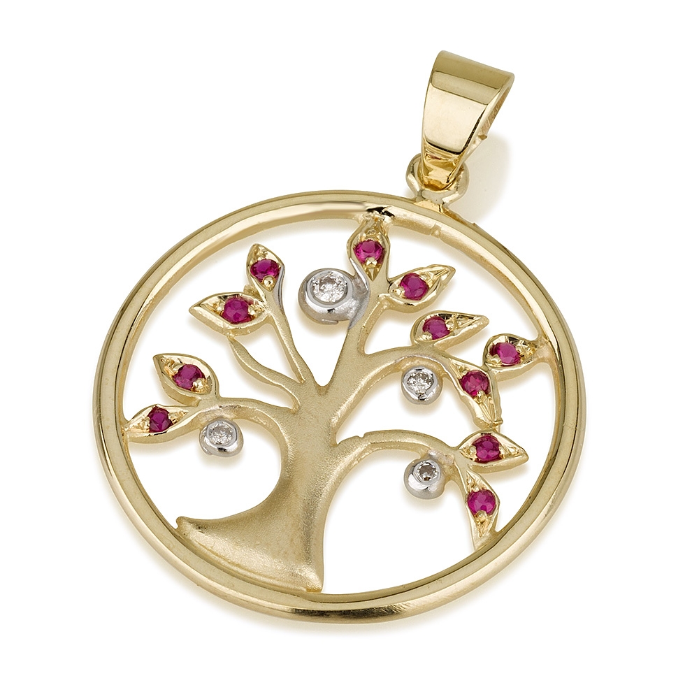 14K Gold Tree of Life Disk Pendant with Ruby Leaves and Diamonds - 1