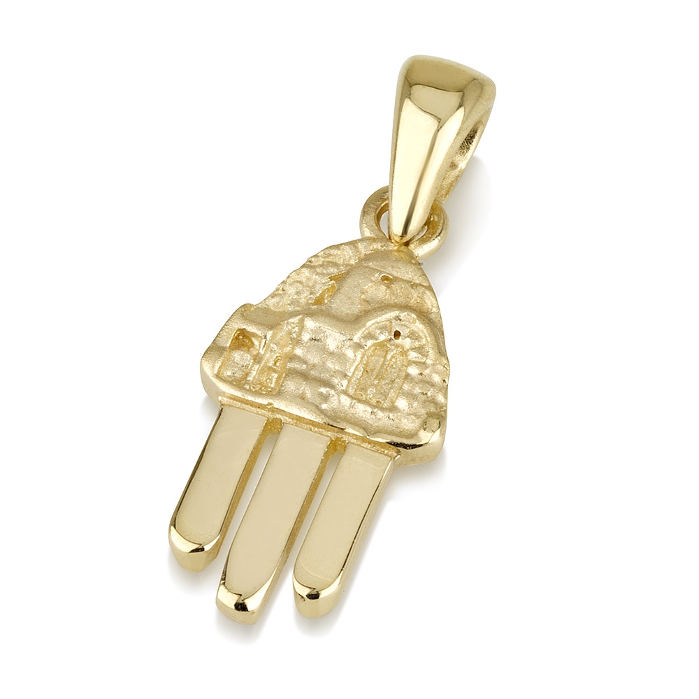 14K Yellow Gold Three-Fingered Hamsa Pendant with Jerusalem Relief - 1