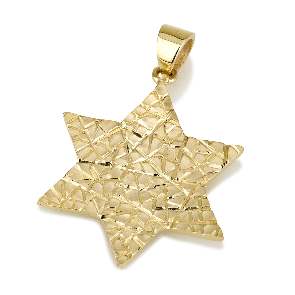 14K Yellow Gold Solid Textured Star of David Pendant - 1