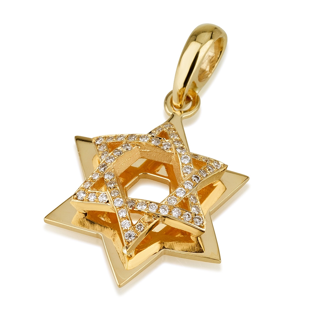18 Yellow Gold Double Star of David with Domed Diamond Star - 1