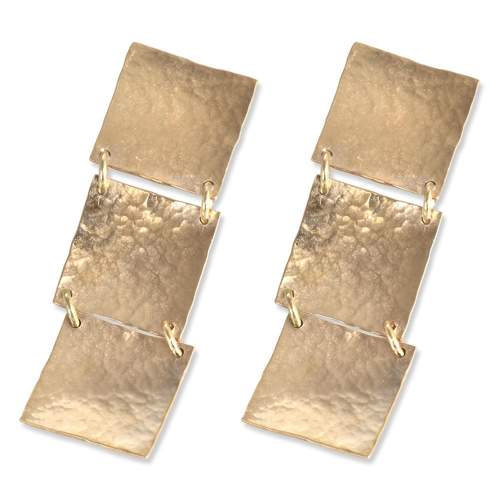 14K Gold Square Stud Long Earrings - 1