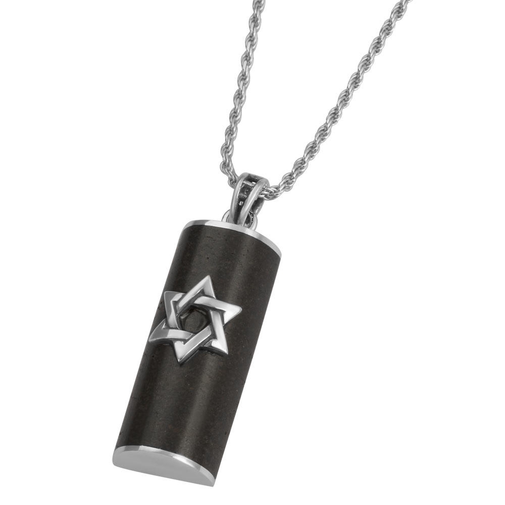Sterling Silver and Basalt Mezuzah Necklace with Star of David - 1