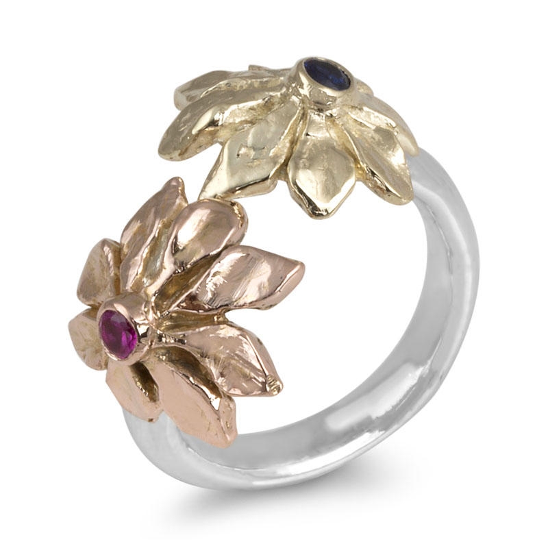 Sterling Silver Ring with Yellow and Rose Gold Flowers with Sapphire and Ruby Stones - 1