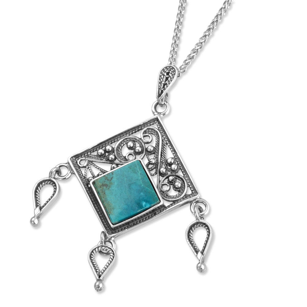 Sterling Silver Inverted Square Filigree Necklace with Eilat Stone - 1