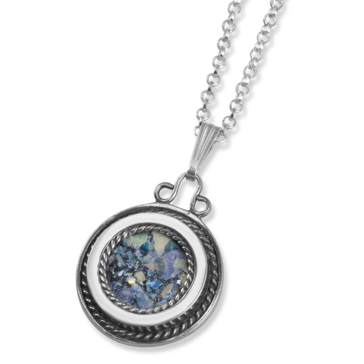 925 Sterling Silver Round Roman Glass Necklace with Filigree Border - 1