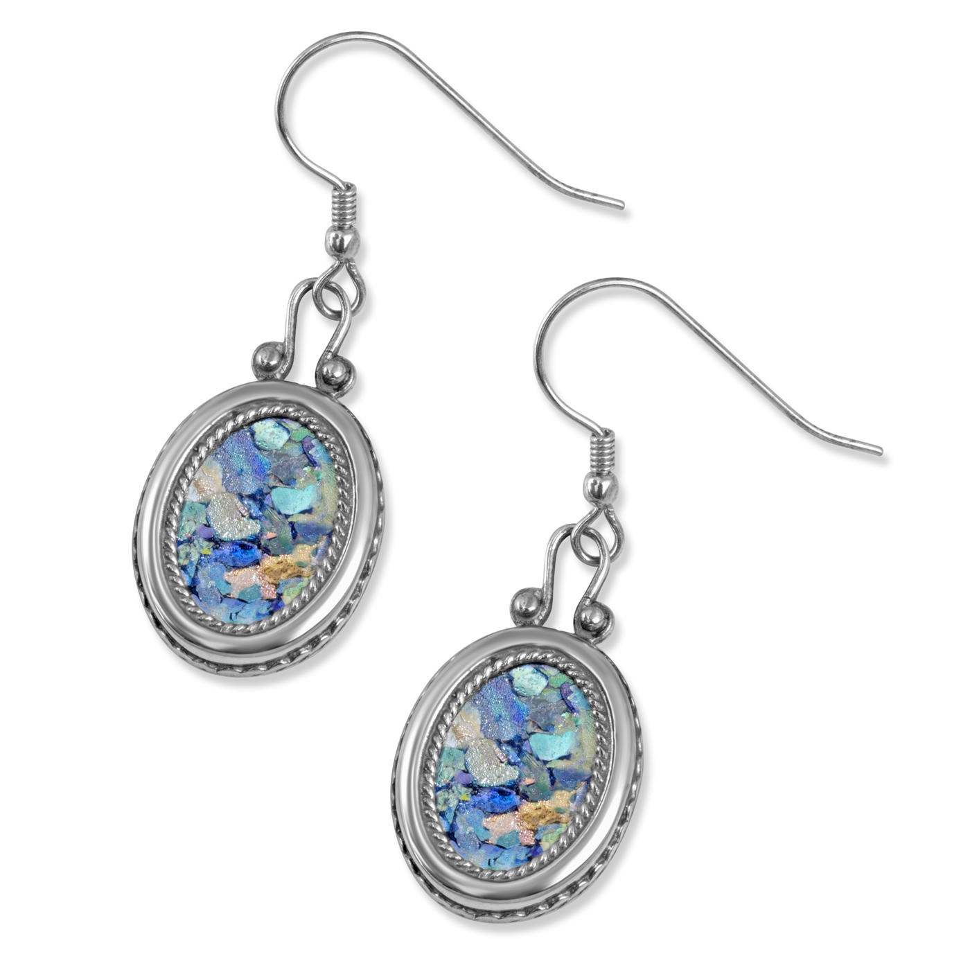 925 Sterling Silver and Roman Glass Oval Earrings with Filigree Border - 1