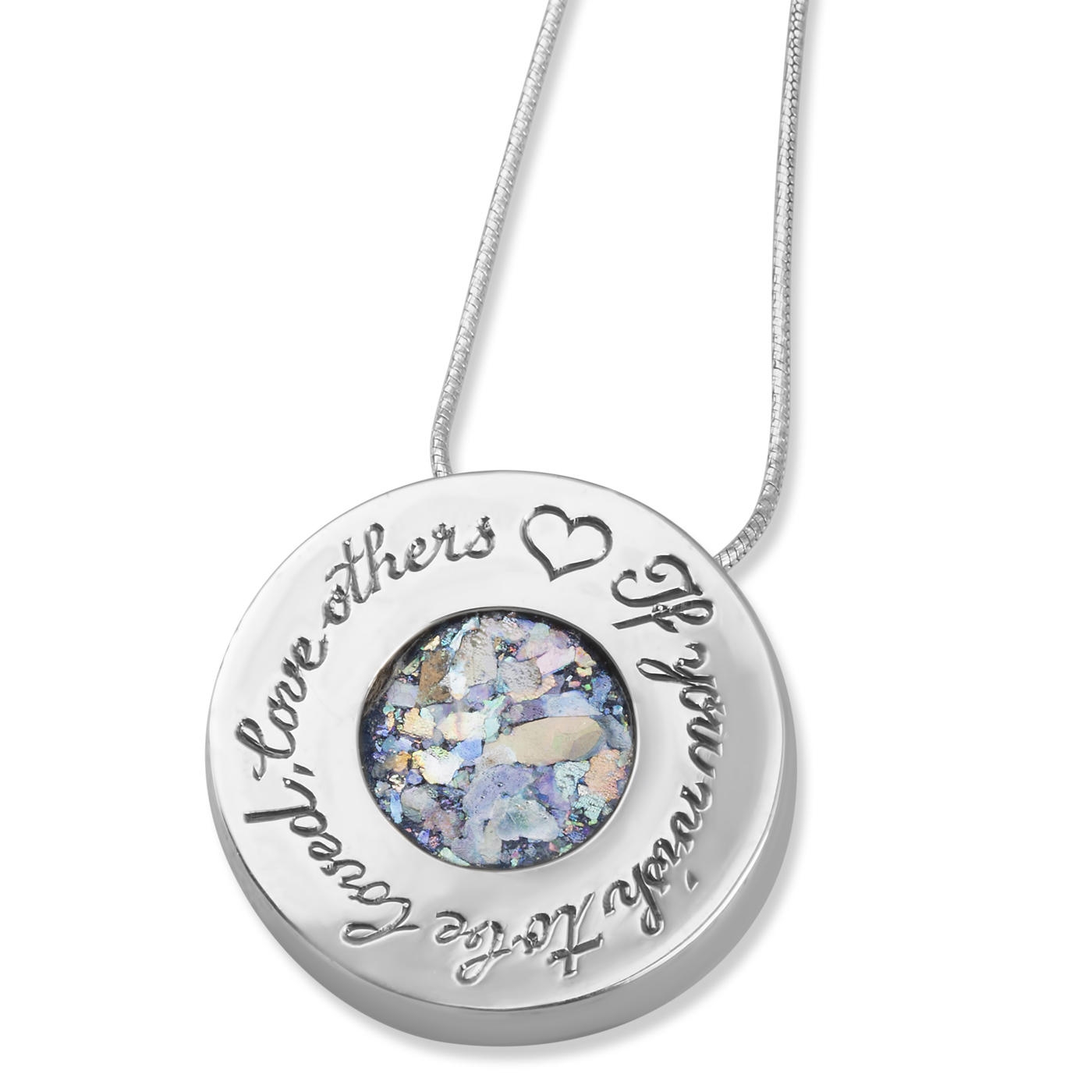 925 Sterling Silver and Roman Glass Engraved Circle Necklace - If You Want to be Loved - 1