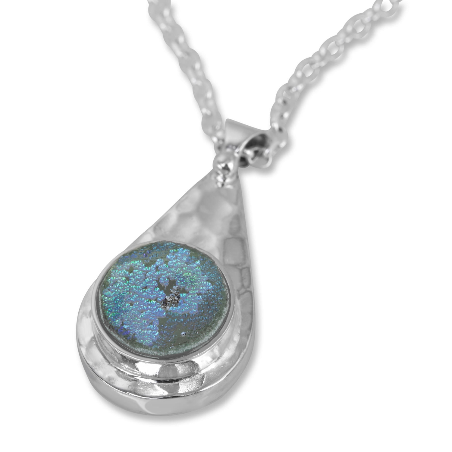 Sterling Silver and Roman Glass Textured Teardrop Necklace - 1