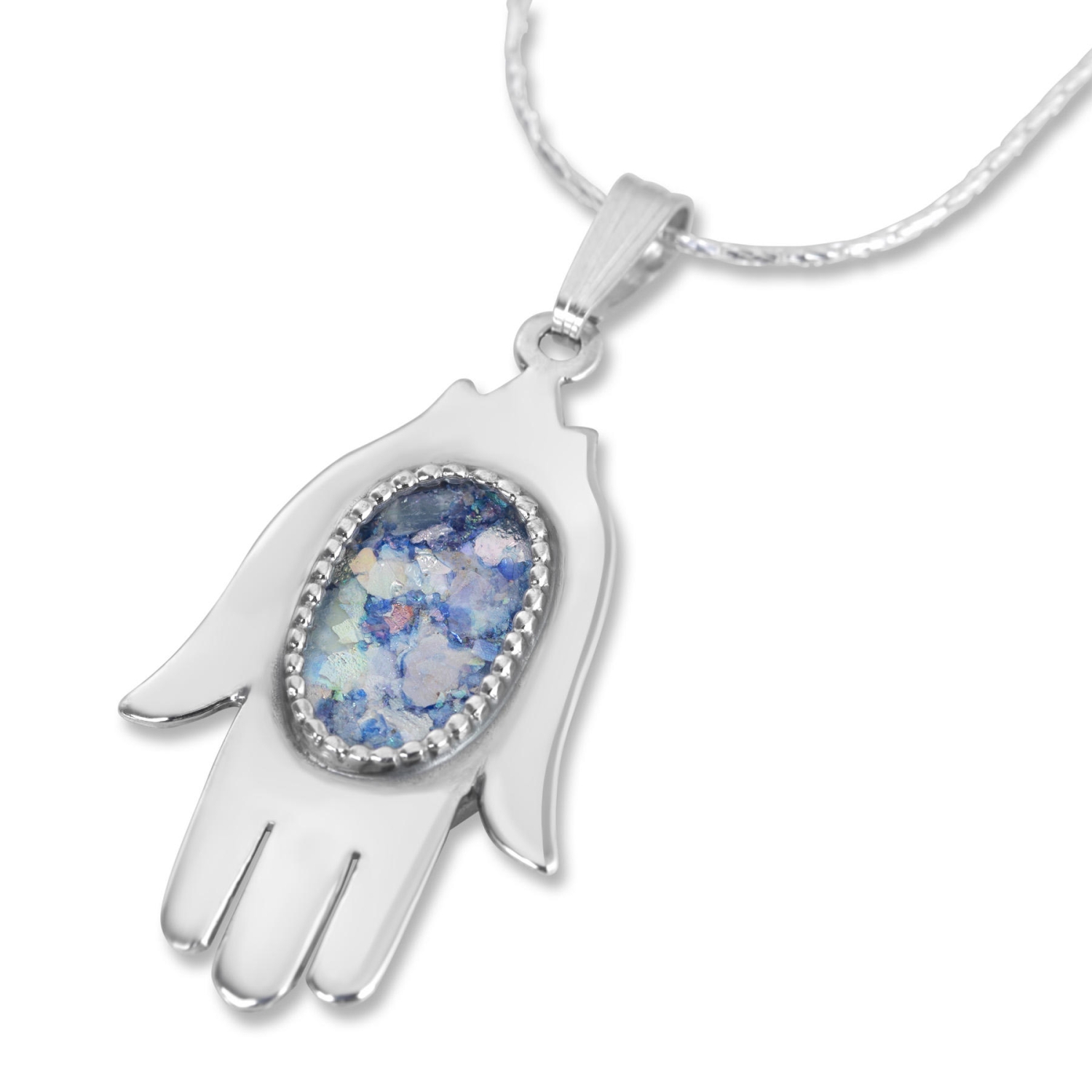 Sterling Silver Slimline Roman Glass Hamsa Necklace - 1
