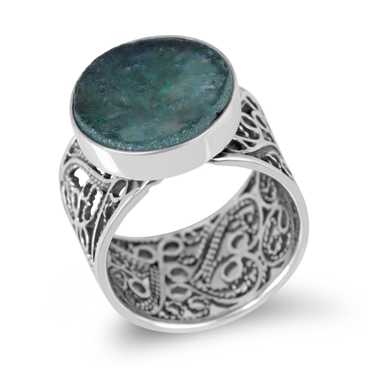 Sterling Silver Antique Roman Glass Filigree Ring - 2