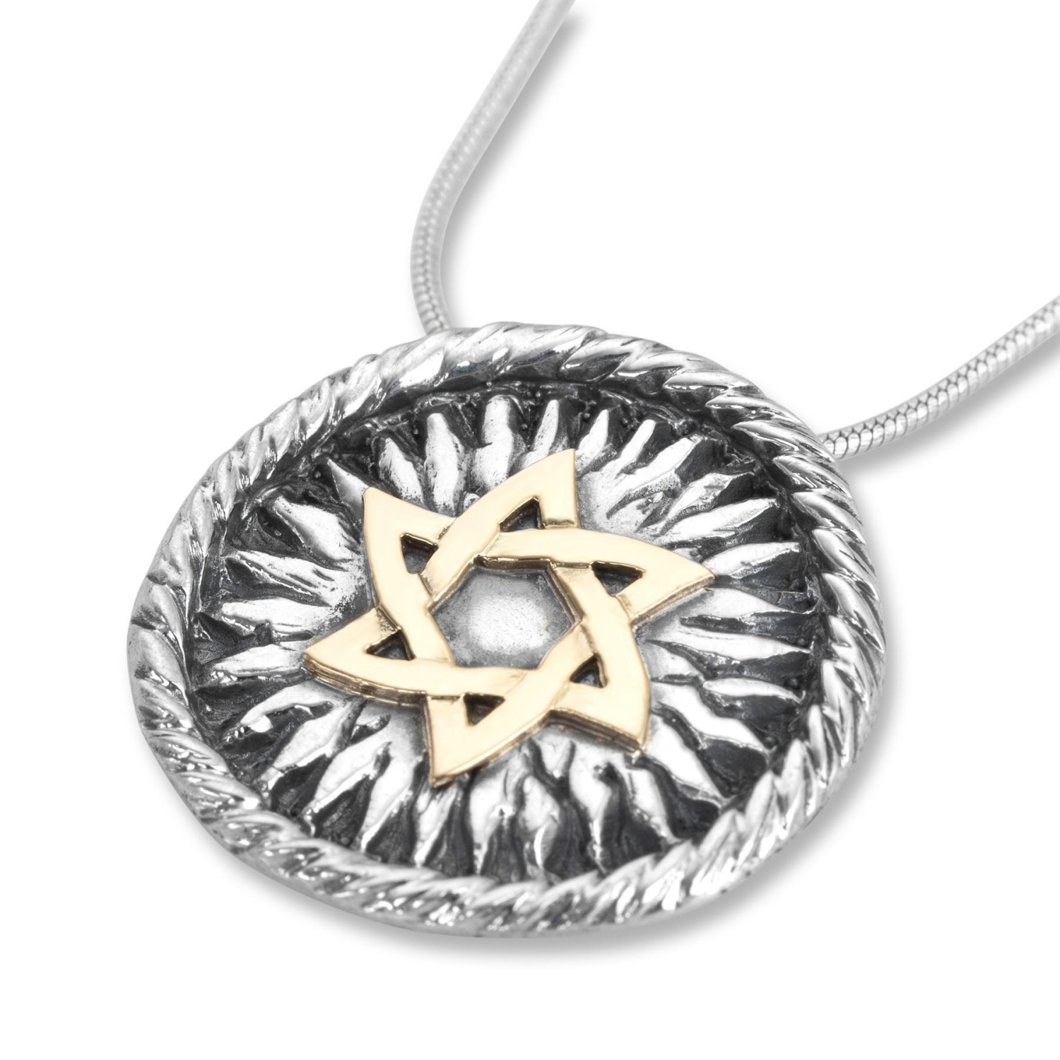 Sterling Silver Sunburst Necklace with 9K Gold Star of David - 1