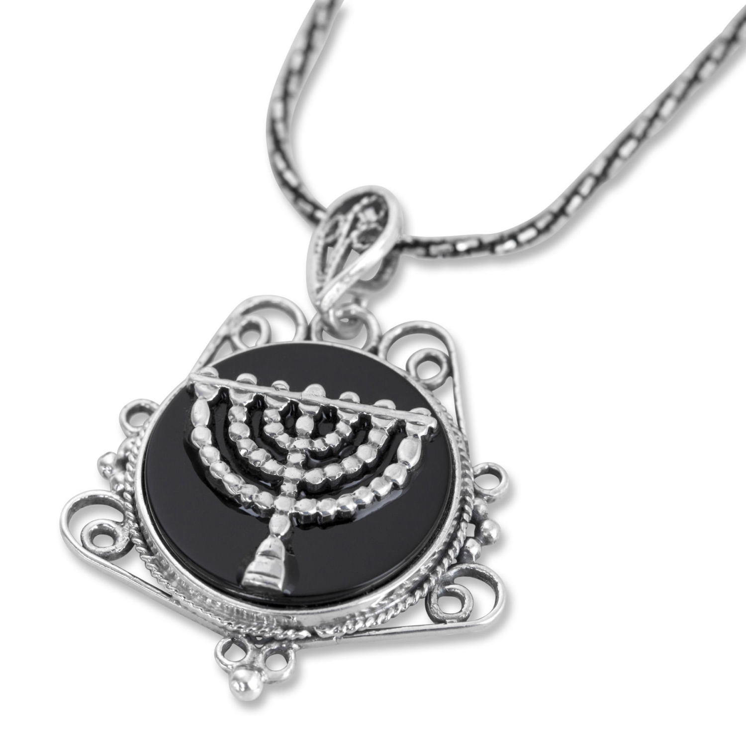 Sterling Silver Round Onyx Filigree Necklace - Menorah - 1