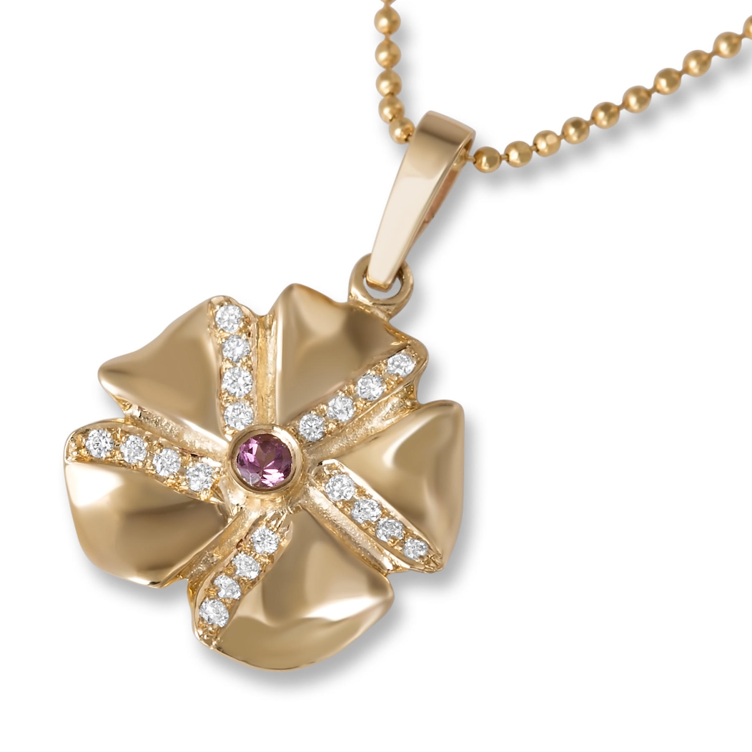 14K Gold Flower Pendant with Diamond Petals and Pink Sapphire Center - 1