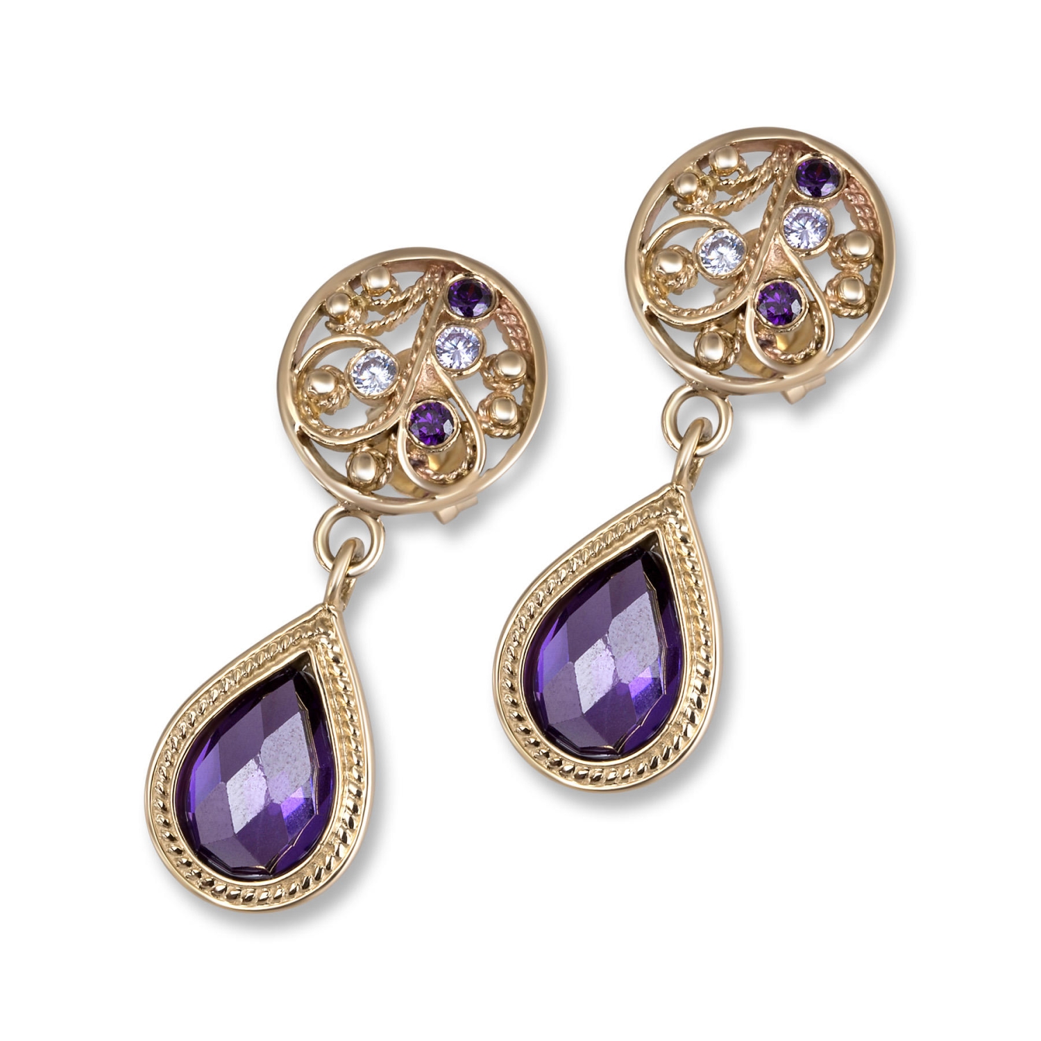14K Yellow Gold Filigree Teardrop Earrings with Amethysts and Lavender Stones - 1