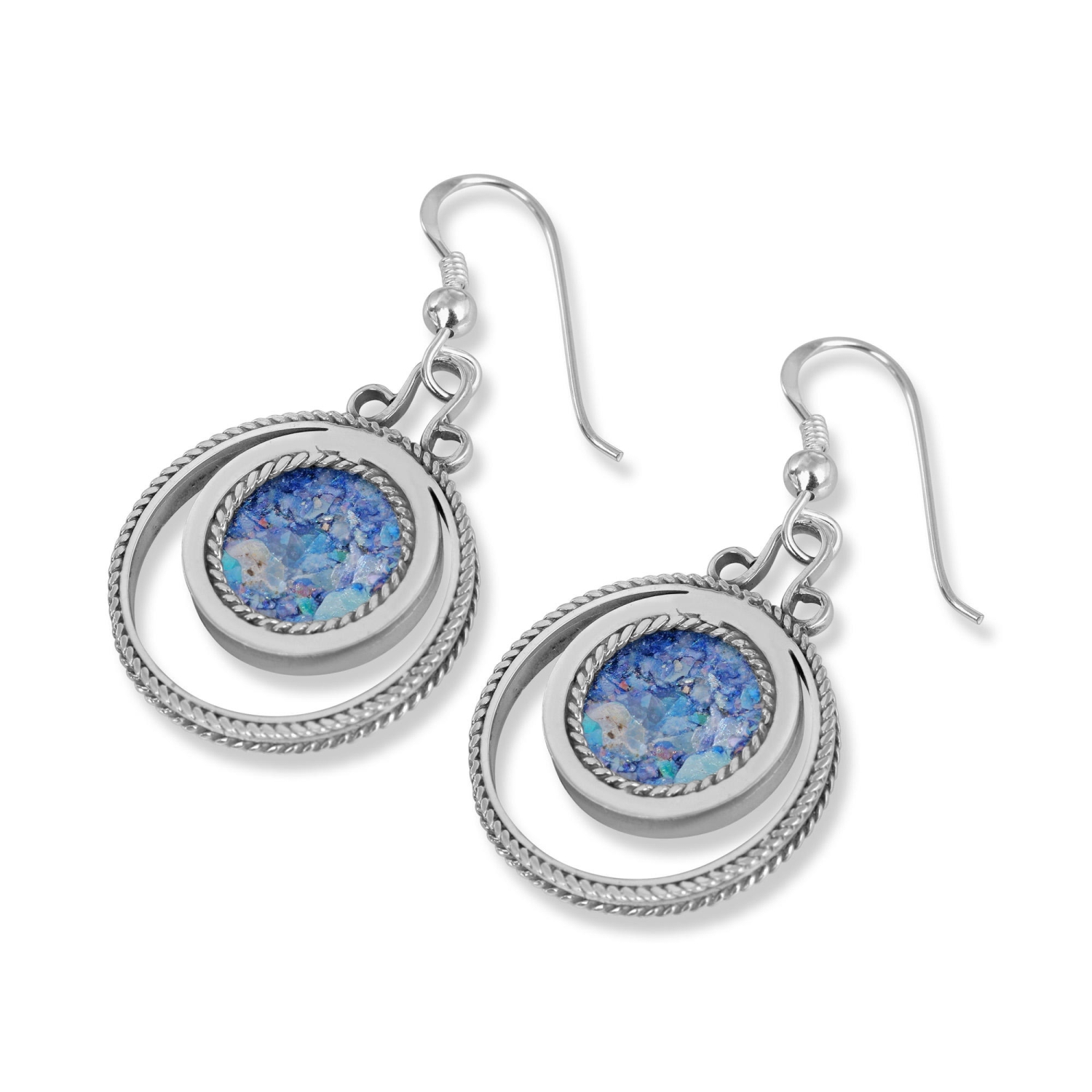 Sterling Silver Double Circle Roman Glass Earrings - 1