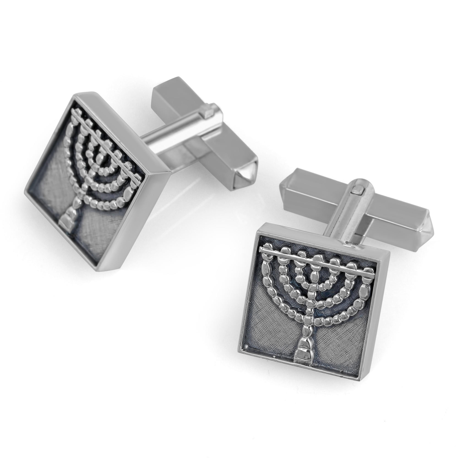 Sterling Silver Square Cufflinks with Menorahs  - 1