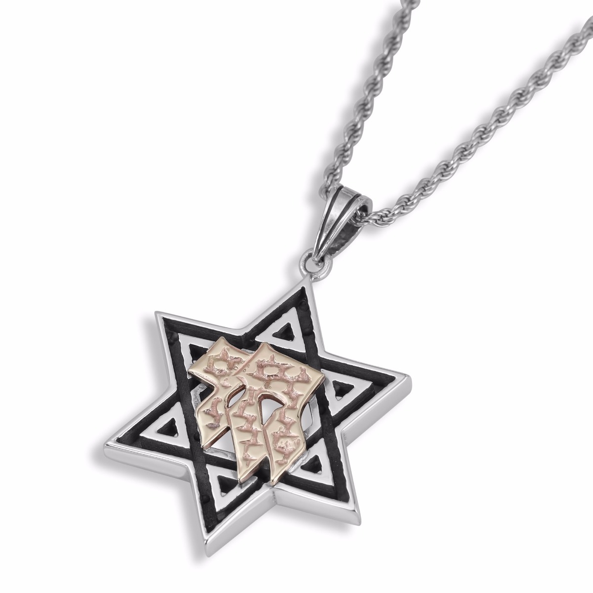 Rafael Jewelry Star of David with Chai 925 Sterling Silver and 9K Gold Necklace - 1