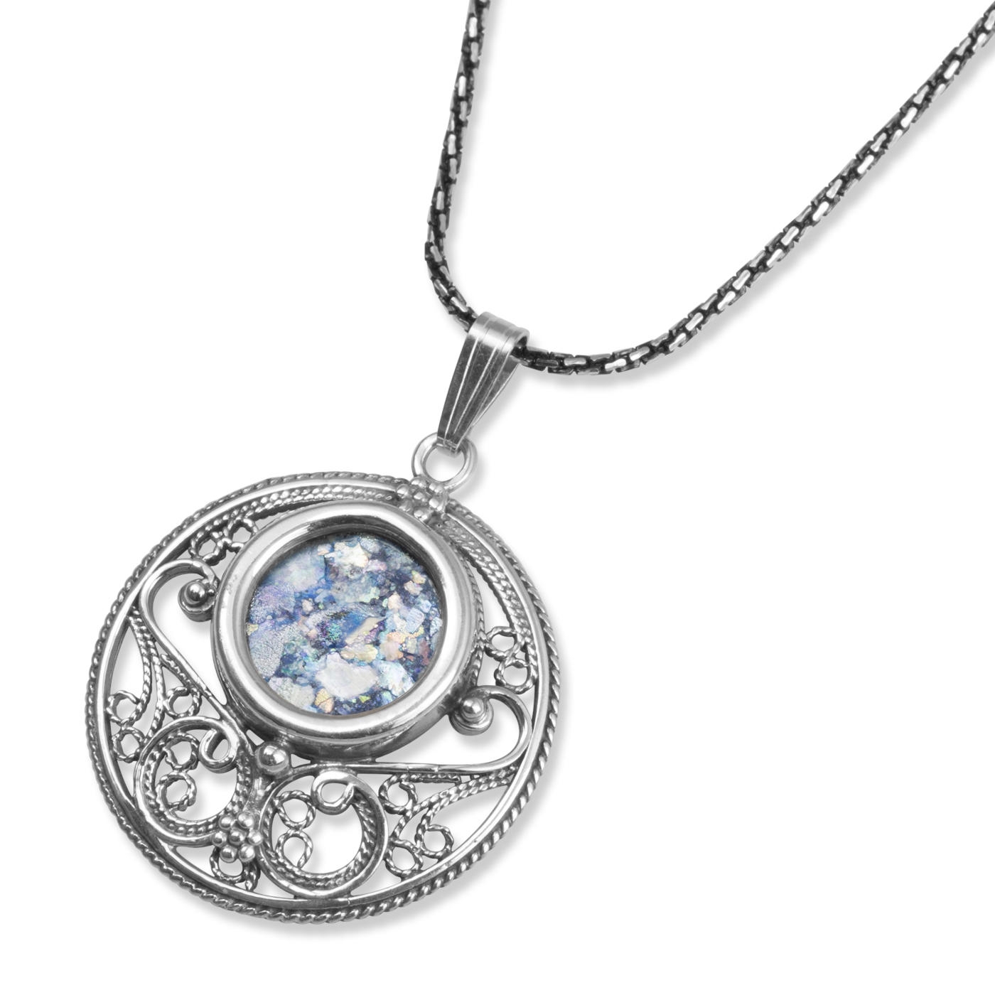 925 Sterling Silver Filigree Disk Necklace with Roman Glass Circle - 1