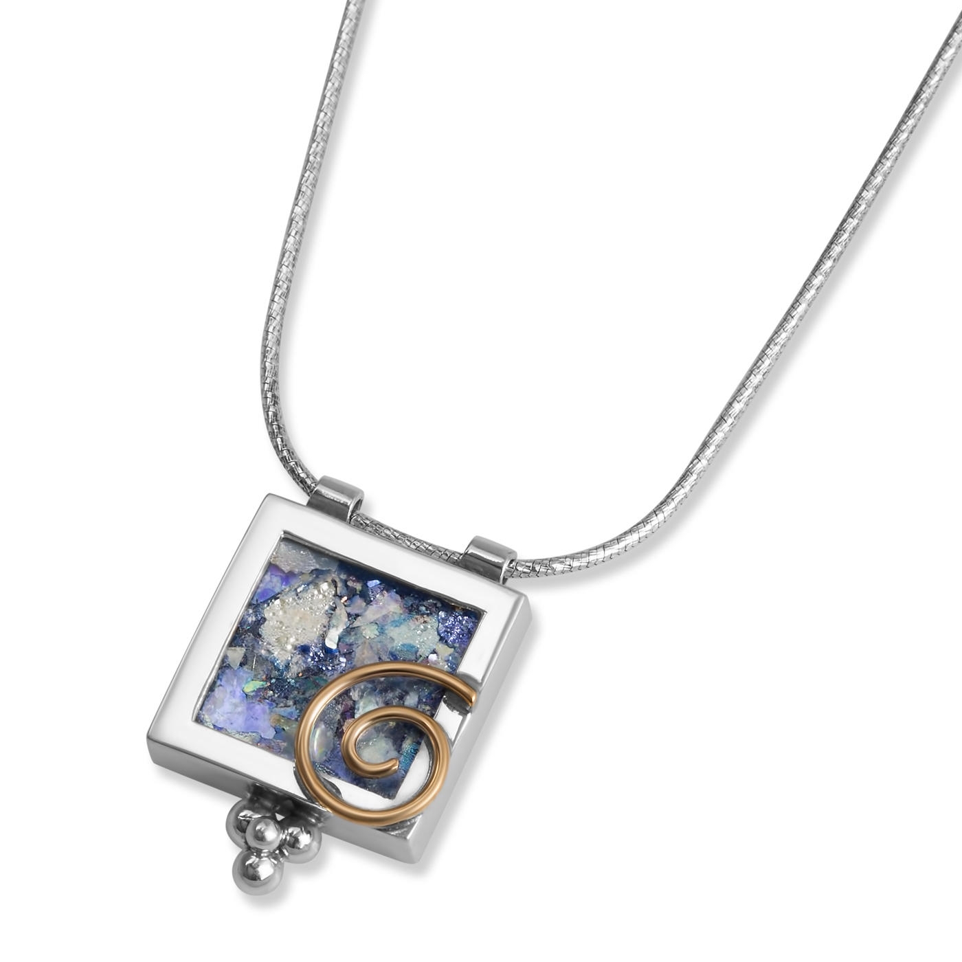 925 Sterling Silver Square Necklace with Gold Filled Swirl and Roman Glass - 1