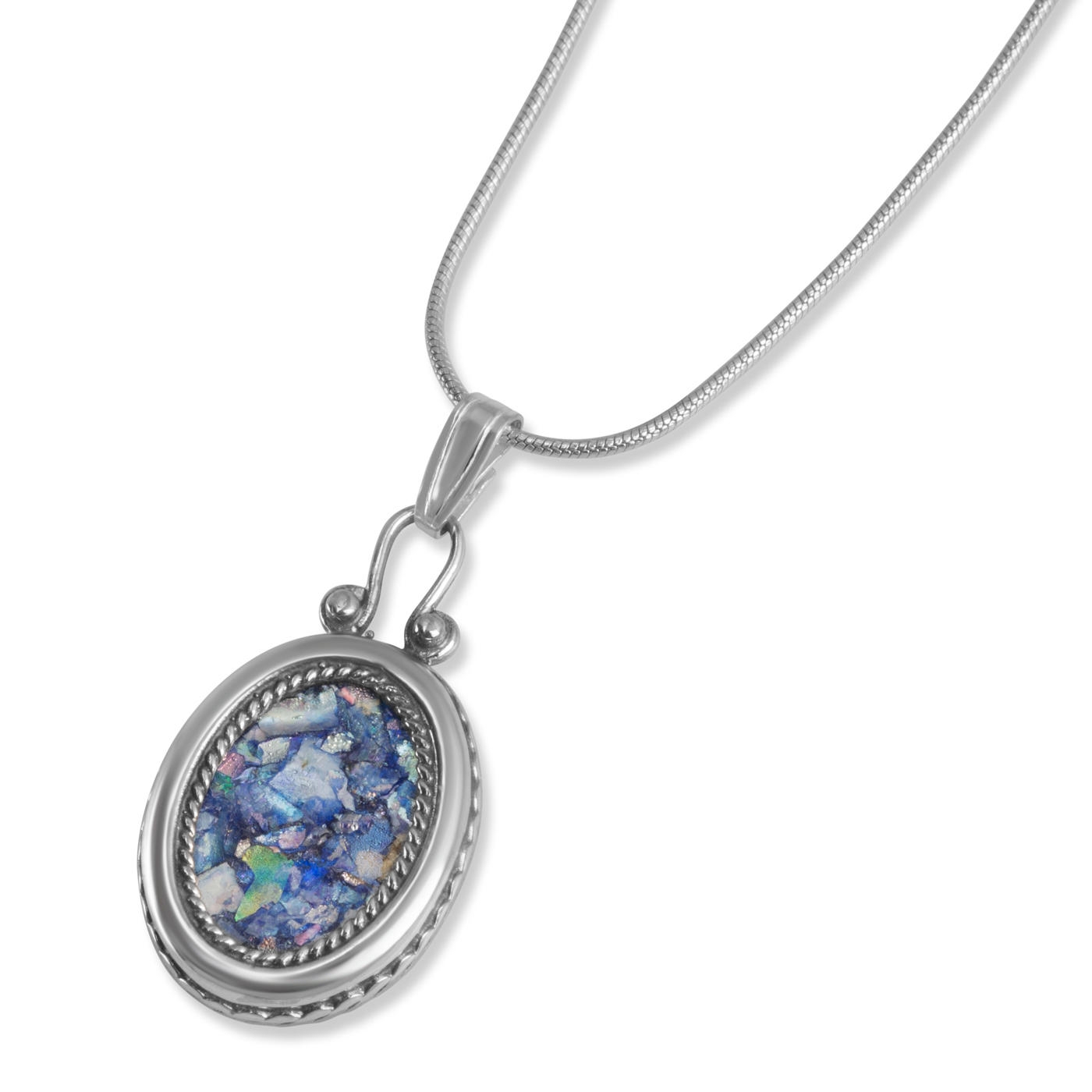 925 Sterling Silver and Roman Glass Oval Necklace with Filigree Frame - 1